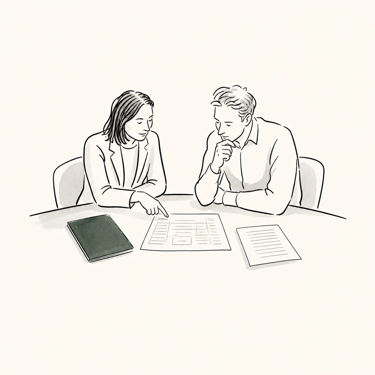 Two private markets investors reviewing a deal folder, financial model, and investment memo